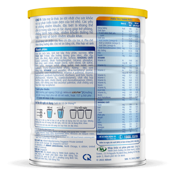 Sữa Abbott Grow 3 900g (1-2 tuổi): Hỗ trợ hệ tiêu hóa và hấp thụ chất dinh dưỡng tối ưu